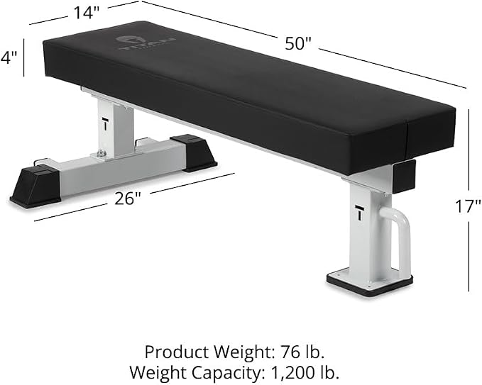 Titan Fitness TITAN Series Single Post Flat Bench, Rated 1,200 LB, 4" Thick HeftyGrip Vinyl Pad, Dedicated Home Gym Competition Weightlifting & Strength Training Utility Bench