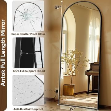 Antok Full Length Mirror, 59"x18" Floor Mirror with Stand, Hanging Mounted Mirrors for Bedroom, Living Room, Cloakroom, Dining Room, Black, Arched