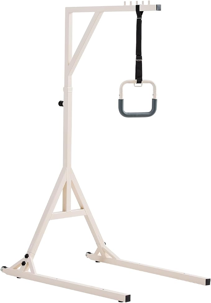 VEVOR Trapeze Bar for Bed Mobility, Height-Adjustable Bed Trapeze with 2 Casters, 350LBS Weight Capacity Heavy Duty Pull Up Trapeze Bar with Floor Stand for Elderly, Disabled, Bedridden Patients