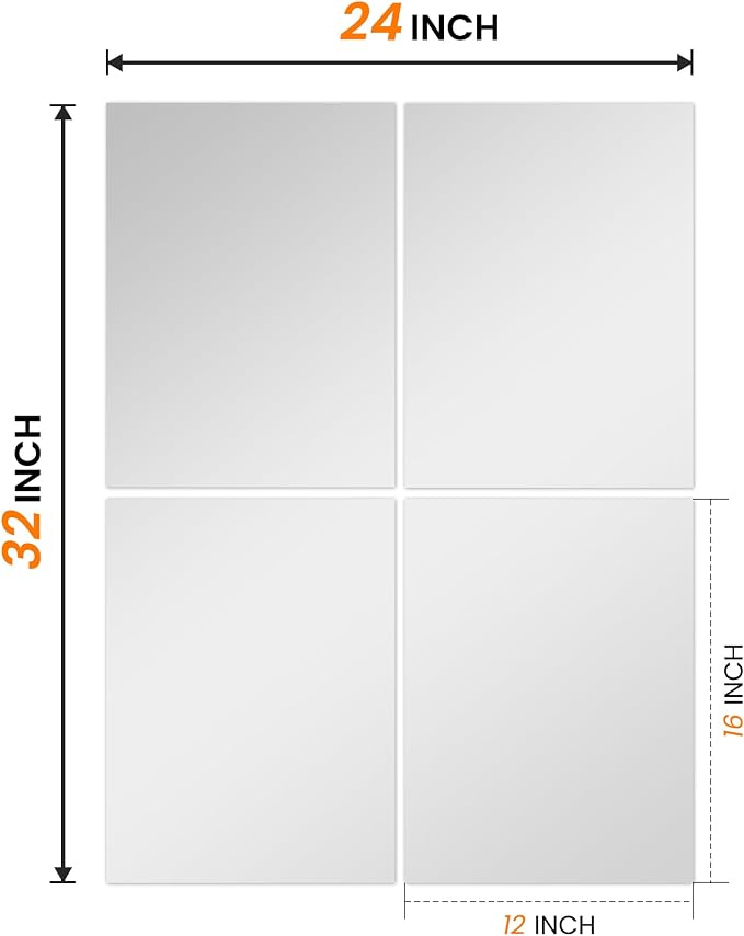 TRAHOME Wall Mirror Tiles, 16"x12"x4PCS Full Length Home Gym Mirror | HD Tempered Glass, Frameless Workout Mirror for Garage, Bedroom, Living Room, Over The Door