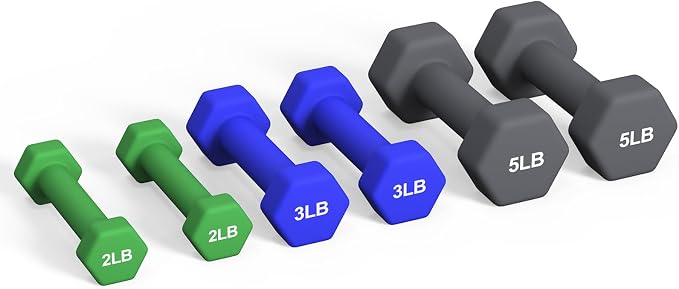 Portzon Dumbbells Neoprene with Non Slip Grip weight for Total Body Workout Compatible with of 2 Set,1-15 LB, Anti-Slip, Anti-roll, Hex Shape