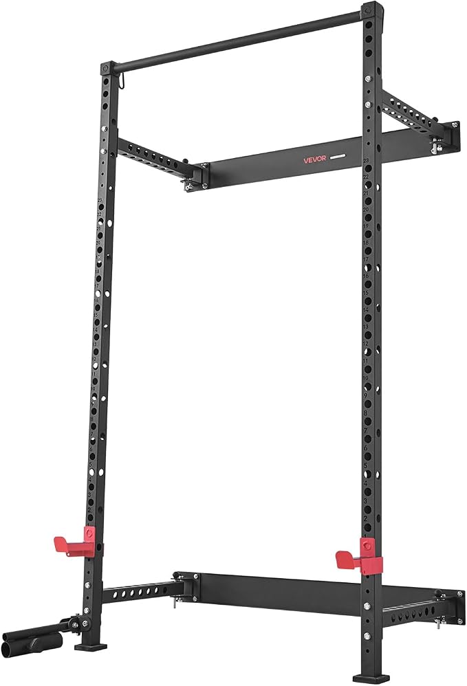 VEVOR Folding Power Cage, Wall-Mounted Power Rack Squat Rack, Multifunctional Strength Training Workout Equipment with Landmine Holder, Adjustable J-Hooks & Pull-Up Bar for Home Gym, 1000LBS Capacity
