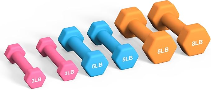 Portzon Dumbbells Neoprene with Non Slip Grip weight for Total Body Workout Compatible with of 2 Set,1-15 LB, Anti-Slip, Anti-roll, Hex Shape