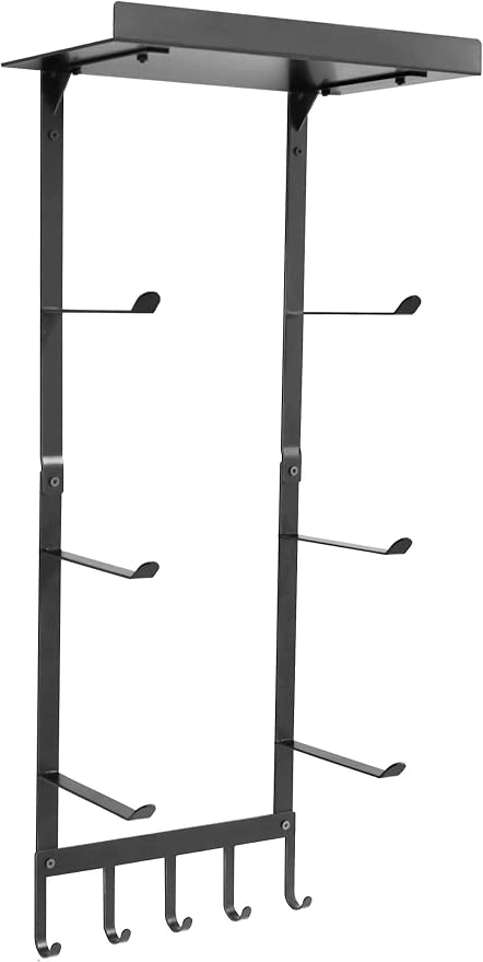 Yoga Mat Holder Wall Mount, Home Gym Storage Rack with Top Floating Shelf, 4-Tiers Holding Yoga Mat/ Blocks/ Rollers and Decorations, 5 Hooks for Resistance Bands, Skipping-Rope, Small Gym Equipment