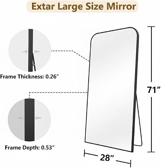 Koonmi Full Length Mirror, 71"x28" Mirror Full Length with Stand | Domed Top Square-Edged ShatterProof Floor Mirror with Black Aluminum Alloy Frame for Bedroom Living Room Home Gym