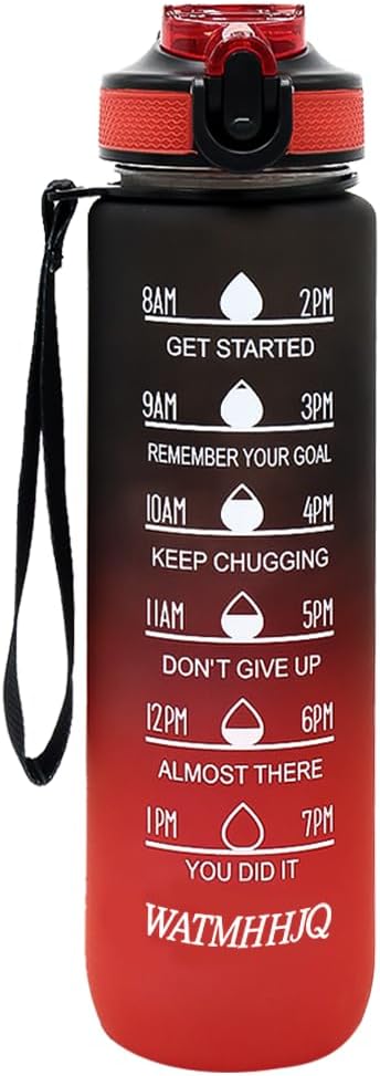 32oz Sports Water Bottle Outdoor, with Drinking Time and Capacity Labels, Sport Water Cups with Straw,BPA Free Leak Proof,for Fitness Gym Running Climbing (Black red)