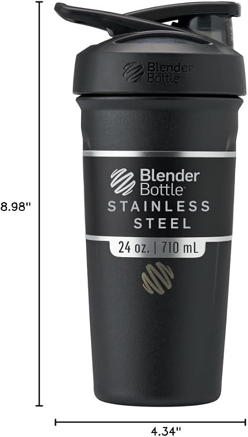 BlenderBottle Strada Shaker Cup Insulated Stainless Steel Water Bottle with Wire Whisk, 24-Ounce, Black