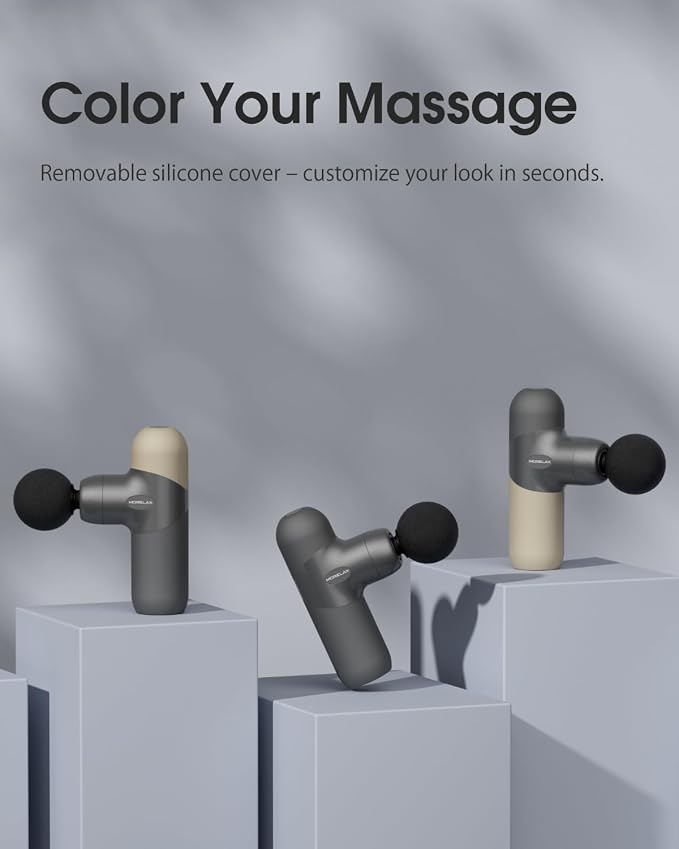 Morelax Mini Massage Gun Deep Tissue, Portable Percussion Muscle Massager for Whole Body Pain Relief, Electric Handheld Sport Massager with 6 Massage Heads 4 Speed, Best Gift (Silver Beige)