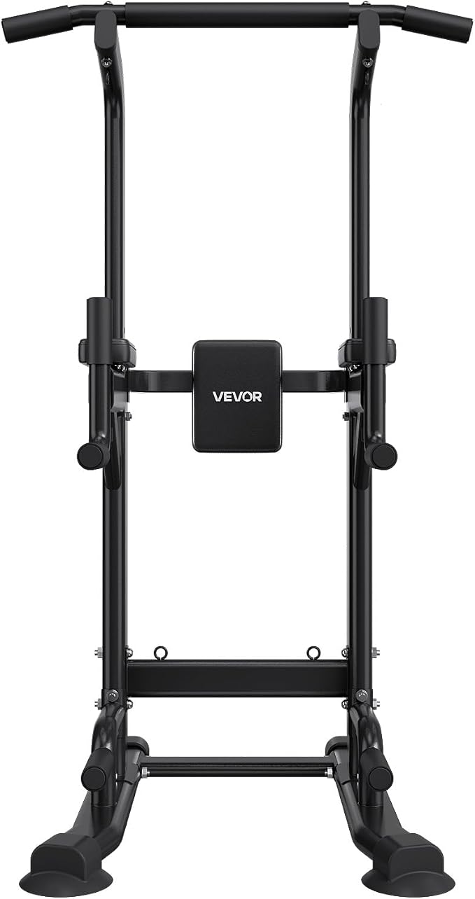VEVOR Pull Up Bar, 330 LBS Power Tower Dip Station, Workout Dip Station with H-Shaped Stable Base & Back Pad, Adjustable 12 Level Height Free Standing Chin Up Bar for Back, 4-Level Adjustable Back Pad