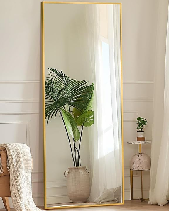 Antok Full Length Mirror, 56"x15" Floor Mirror with Stand, Hanging Mounted Mirrors for Bedroom, Living Room, Cloakroom, Dining Room, Gold, Rect