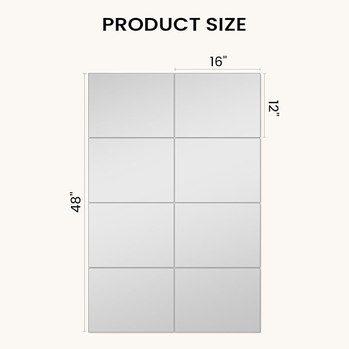 VASUHOME Large Mirror Tiles 16"x12" (8 Pack), Full Length Wall Mirrors for Home Gym, Garage, Bedroom, Living Room, Door – HD Reflection, Easy DIY Installation