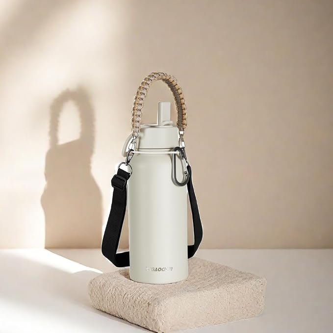 KXIAOCHEN Insulated Water Bottle with Strap, 48-Hour Cold, 2 Lids | Triple-wall insulation, lead-free 18/8 Stainless steel, paracord handle, carabiner clip, for gym, hiking, camping and travel