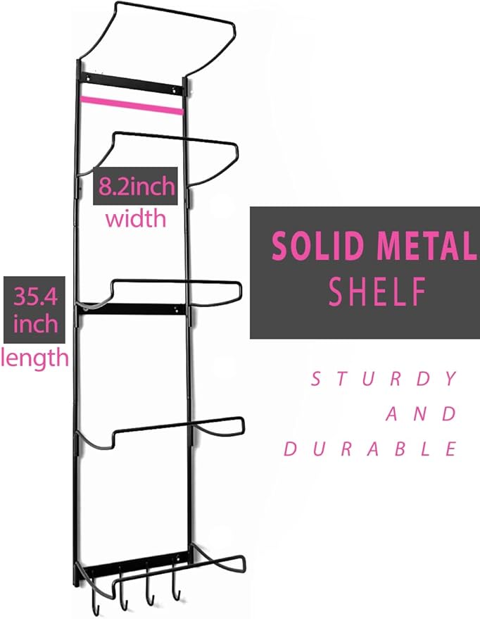 MRZZATA 5-Tiers Yoga Mat Holder Wall Mount, Metal Storage Rack for Mats/Wheels, Foam Roller and Block, Wall Rack with 3-Hooks for Hanging Stretching Strap, Resistance Bands, Yoga Accessories