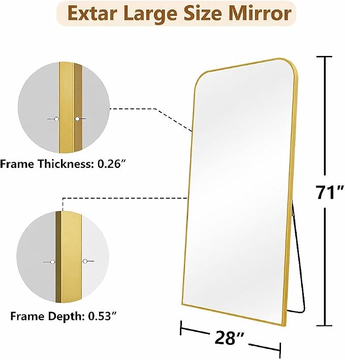 Koonmi Full Length Mirror, 71"x28" Mirror Full Length with Stand | Domed Top Square-Edged ShatterProof Floor Mirror with Gold Aluminum Alloy Frame for Bedroom Living Room Home Gym