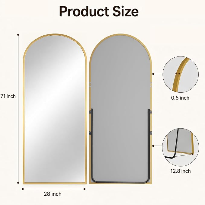 Antok Full Length Mirror, 71"x28" Floor Mirror with Stand, Hanging Mounted Mirrors for Bedroom, Living Room, Cloakroom, Dining Room, Gold, Arched