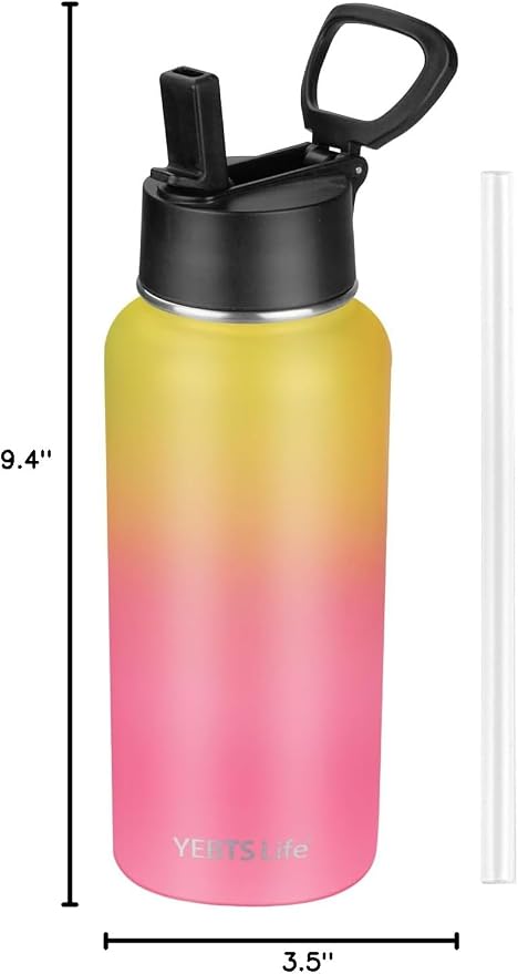 Insulated Water Bottle With Straw, 32 oz Vacuum Insulated Stainless Steel Sports Water Flask, Keeps Cold and Hot, Metal Water Bottle Wide Mouth for Gym Travel Camping (Yellow&Pink)