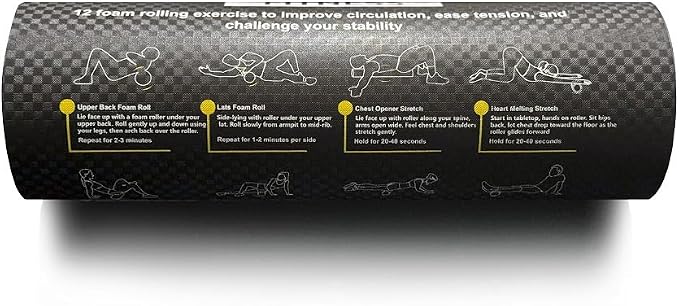 Foam Roller with Printed Exercises - 17.7''x 6'' Lightweight EPE/PE Exercise Roller Foam - Includes 12 Guided Stability, Mobility & Recovery Moves - Dual Color Instructional Design