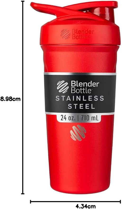 BlenderBottle Strada Shaker Cup Insulated Stainless Steel Water Bottle with Wire Whisk, 24-Ounce, Red