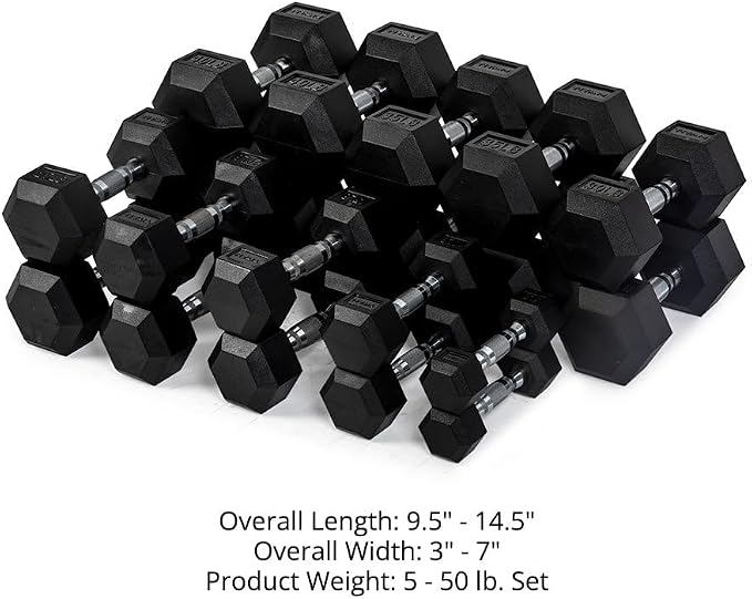 Titan Fitness Rubber Hex Dumbbells, 5 LB-50 LB Set of Pairs, Roll-Resistant Hexagonal Free Weights, Hex Dumbbell Set with Chrome-Coated Handles, Free Weight Set, Strength Training Equipment