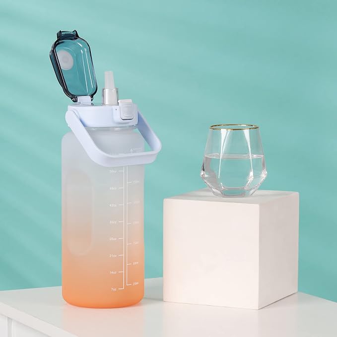 Large Motivational Water Bottle with Straw Time Marker BPA Free for Sport and Fitness (Blue Orange, 64 Oz / Half Gallon)