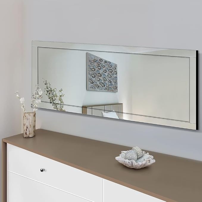 Syndra 56"x20" Wall Mounted Full Length Mirror with Reflect Frame, Large Rectangle Beveled Frameless Full Body Mirror, Vertical & Horizontal Over Sink Long Mirrors for Bathroom, Bedroom, Living Room