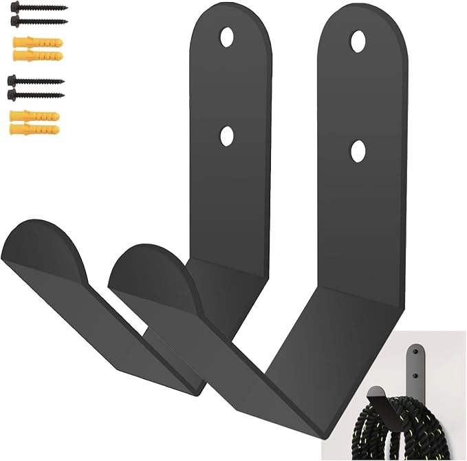 Yuleimy Extra Heavy Duty Battle Rope Storage Hanger Wall Mount, 2 Pack | Large Steel Battle Ropes Hook for Home Commercial Gym, Garage Organizer, Holds 100 lbs, Matte Black Powder Coating