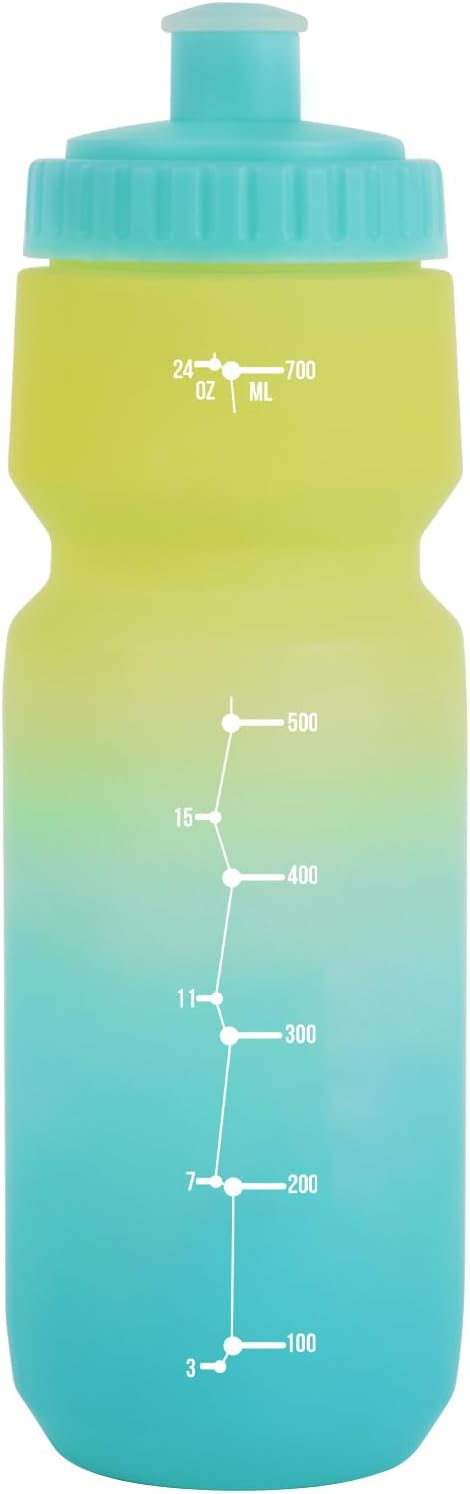 24oz Bike Water Bottle, Cycling Squeeze Water Bottle Leakproof BPA Free | with Capacity Scale w/Pull Top Lid, Reusable, for Bicycle, Gym,Camping, Hiking
