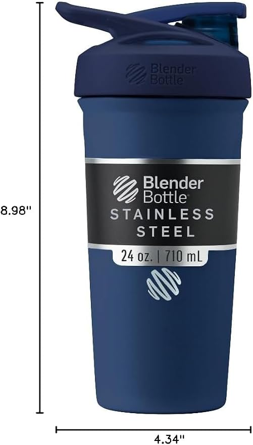 BlenderBottle Strada Shaker Cup Insulated Stainless Steel Water Bottle with Wire Whisk, 24-Ounce, Navy