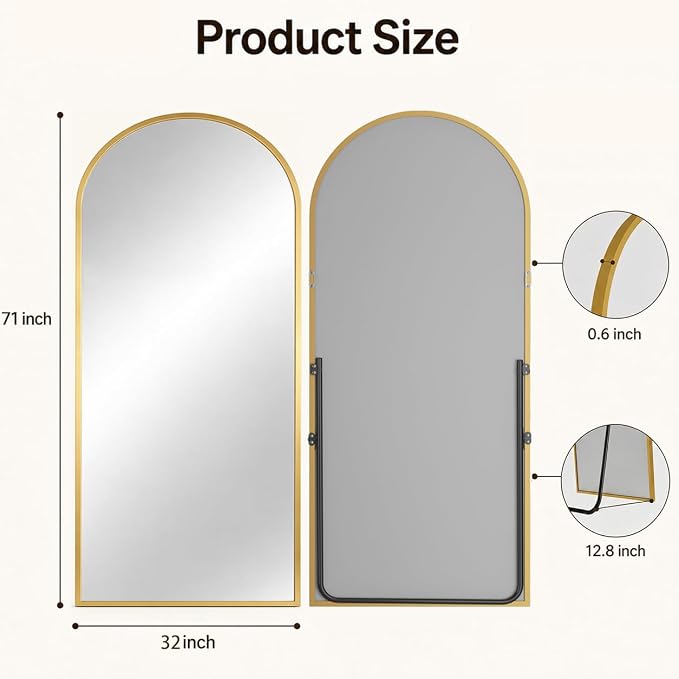 Antok Full Length Mirror, 71"x32" Floor Mirror with Stand, Hanging Mounted Mirrors for Bedroom, Living Room, Cloakroom, Dining Room, Gold, Arched