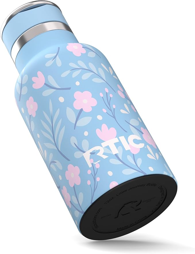 RTIC Little Journey Water Bottle with Straw, Ceramic-Lined, Insulated, Stainless Steel, Metal, Double Wall Vacuum-Insulation, Leak-Proof Lid, BPA-Free Water Flask for Sports, Travel, Blooming Blues