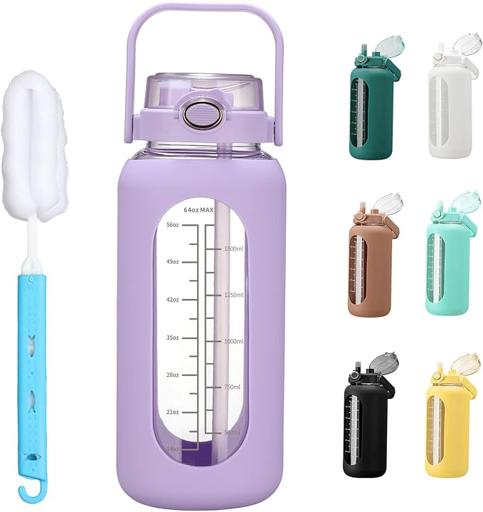 chunmo 64oz Glass Water Bolttles with Straw Half Gallon Large Motivational Water Bottle with Time Marker Sports Water Bottles with Silicone Sleeve and Handle Lid Water Jug for Gym Workout
