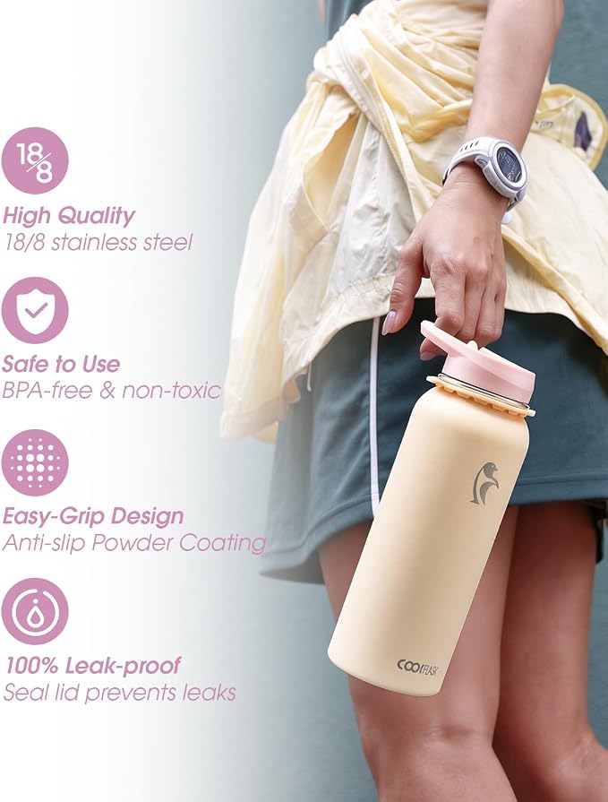 Coolflask 40 oz Water Bottle Insulated Stainless Steel with Strap | Metal Water Flask with Straw & Spout Lids, Triple-Wall, Cold 48+h, Dishwasher Safe, Leakproof, BPA-Free, for Gym & Hiking