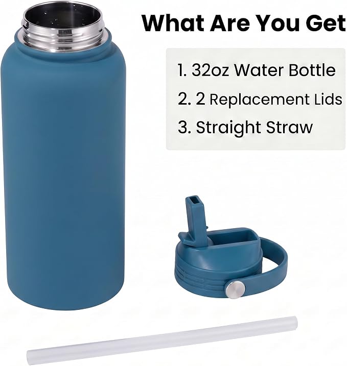 Blue Insulated 32 oz Metal Leakproof Water Bottle | Teal Blue, Stainless Steel, 1 Liter, Leakproof, 2 Lids, Large Sports Water Bottle for Gym,Hiking