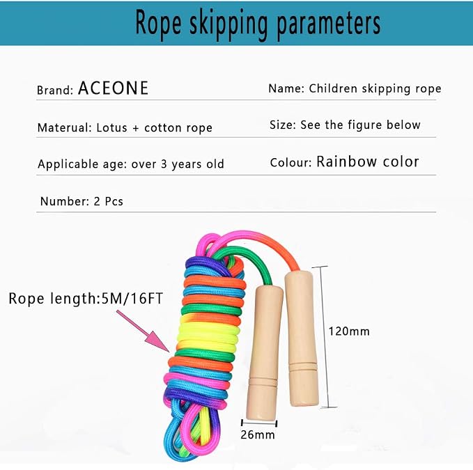 16 FT Long Jump Rope for Kids, 2 Pack Adjustable Double Dutch Skipping Rope with Wooden Handle, Multiplayer Rainbow Jumping Rope for Outdoor Fun, School Sport, Party Game