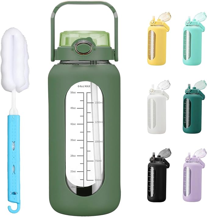 chunmo 64oz Glass Water Bolttles with Straw Half Gallon Large Motivational Water Bottle with Time Marker Sports Water Bottles with Silicone Sleeve and Handle Lid Water Jug for Gym Workout