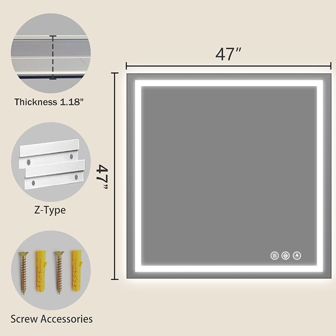 Koonmi 47x47 LED Bathroom Mirror with Light, Anti-Fog, 3 Colors | Backlit + Front Lit, Dimmable Brightness, Shatterproof HD Distortion-Free Tempered Glass, Hardware Included