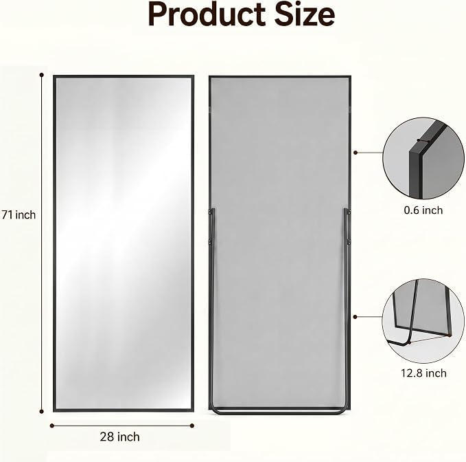 Antok Full Length Mirror, 71"x28" Floor Mirror with Stand, Hanging Mounted Mirrors for Bedroom, Living Room, Cloakroom, Dining Room, Black, Rect