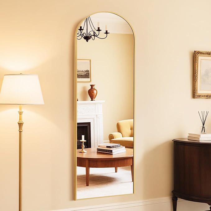 DUMOS 64"x21" Arched Full Length Floor Mirror, Full Body Mirror with Stand, Shatterproof Tempered Glass, Modern Aluminum Alloy Frame, Free Standing or Leaning for Home Decor, Gold