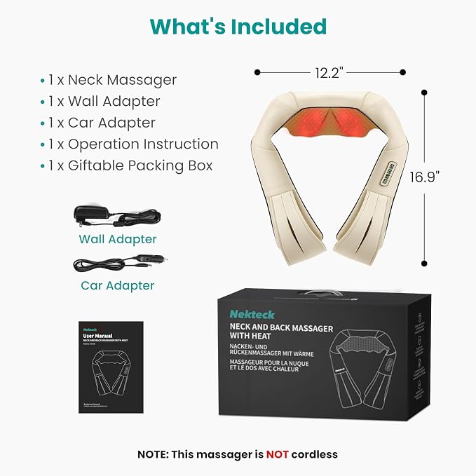 Nekteck Shiatsu Neck Massager with Heat for Pain Relief, NOT Cordless | 2026 Upgraded 3D Back Shoulder Kneading Massage Pillow, 3 Intensity Speeds Deep Tissue, Relaxation Gifts for Men Women, Beige