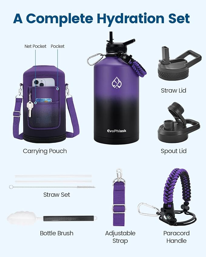 1 Gallon Water Bottle Insulated with Carrier Bag, Purple/Black | Stainless Steel, Vacuum Insulated Keep Cold 48 Hrs, 128 oz Large Gallon Water Jug, For Travel, Sport, Gym, Hiking