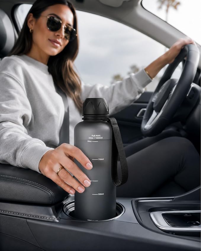 Slim Water Bottle 32 OZ with Stainless Steel Lid, Dishwasher Safe 1 Liter Plastic Water Bottle BPA-Free, Leakproof Lightweight with Time Marker, Reusable for Running School Sport Gym Travel Hiking