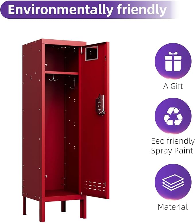 BUTISOW Metal Storage Locker with Lock & Card Slot Locker - Secure Lockable Door - Steel Locker for School, Office, Gym, Home - 54" H x 15" W x 15" D(1 Door, Red)