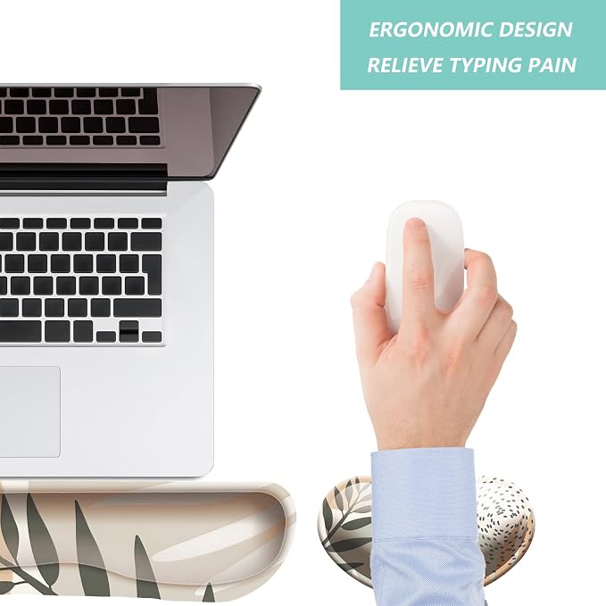 Keyboard Wrist Rest Mouse Wrist Support Set, Memory Foam Wrist Rest Pad for Computer Laptop Keyboard Mouse, Ergonomic Wrist Cushion Support for Typing Pain Relief, Gaming Home Office, Leaves Buff