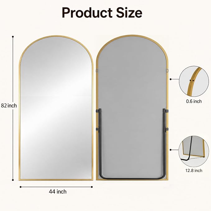 Antok Full Length Mirror, 44"x82" Floor Mirror with Stand, Hanging Mounted Mirrors for Bedroom, Living Room, Cloakroom, Dining Rooms, Gold, Arched