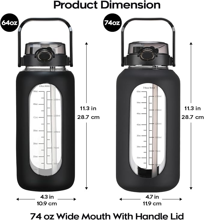 chunmo 74 oz Glass Water Bolttles with Straw Large Motivational Water Bottle with Time Marker Sports Water Bottles with Silicone Sleeve and Handle Lid 2.2L Water Jug for Gym Workout