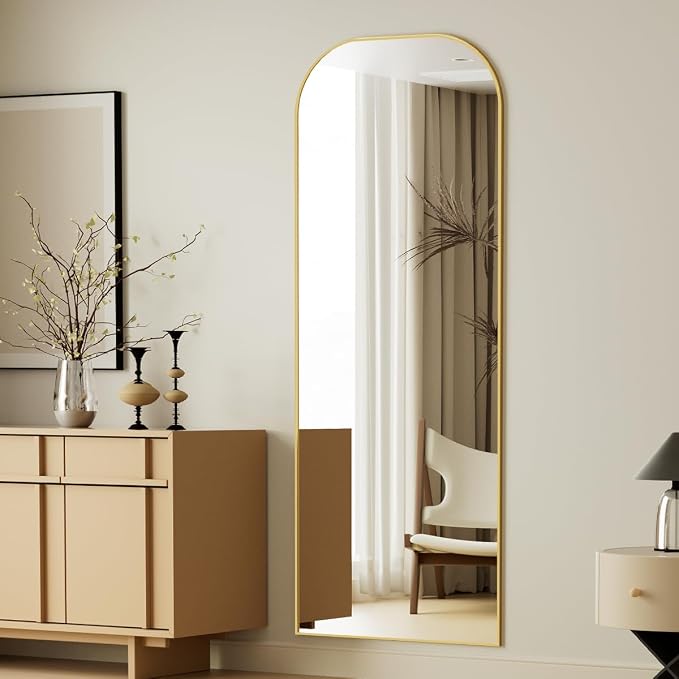 Koonmi Full Length Mirror, 56"x21" Mirror Full Length with Stand | Domed Top Square-Edged ShatterProof Floor Mirror with Gold Aluminum Alloy Frame for Bedroom Living Room Home Gym