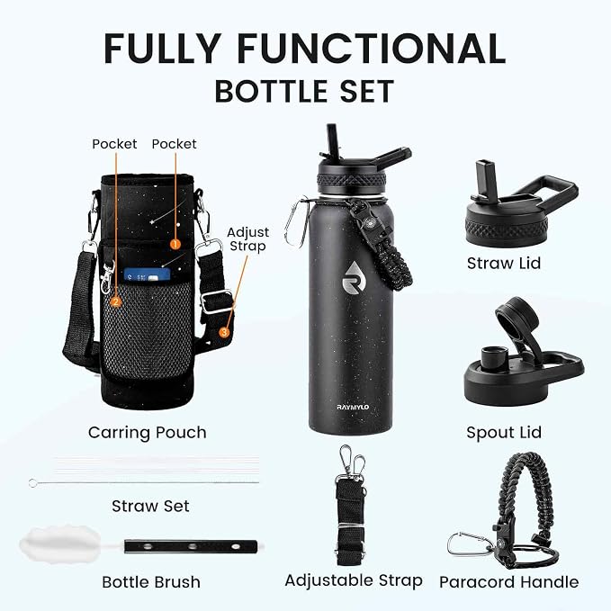 RAYMYLO Insulated Water Bottle 40 oz, Triple Wall Vacuum Stainless Steel | (Cold for 36Hrs, Hot for 18Hrs), Leak Proof & Non-BPA, Modern Water Flask Jug with Paracord Handle & Straw Spout Lids