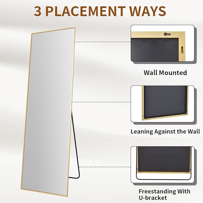 VooBang Mirror Full Length, 18" x 58" Floor Mirror with Stand | Aluminum Alloy Frame Full Body Mirror, Standing Hanging or Leaning Against Wall for Bedroom and Living Room, Gold