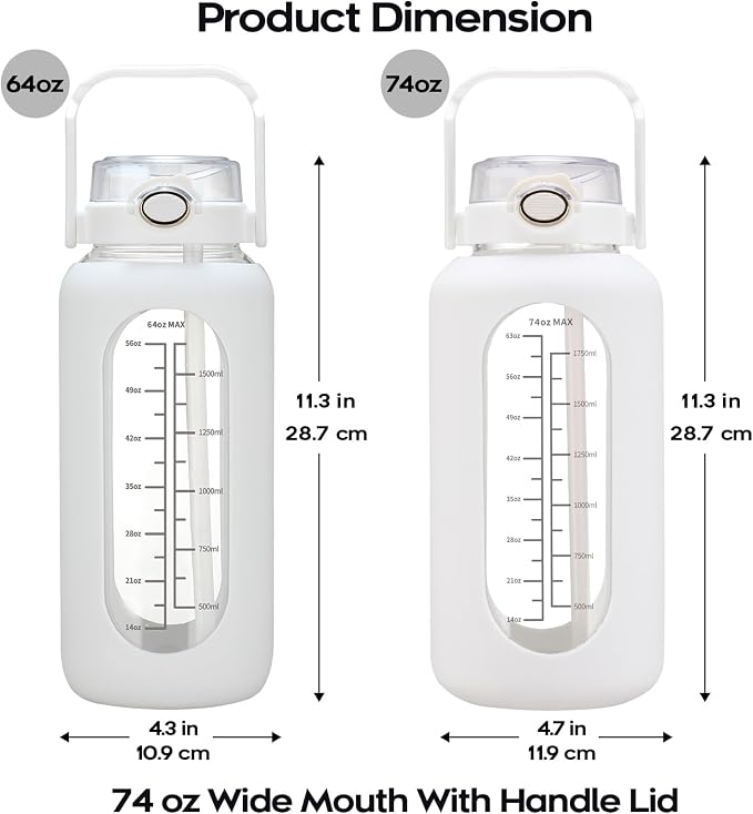 chunmo 74 oz Glass Water Bolttles with Straw Large Motivational Water Bottle with Time Marker Sports Water Bottles with Silicone Sleeve and Handle Lid 2.2L Water Jug for Gym Workout