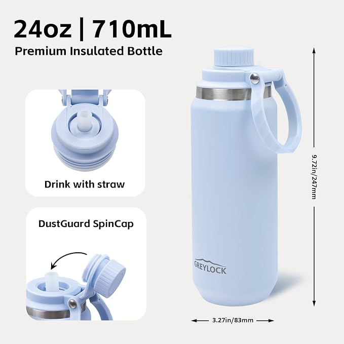 GREYLOCK 24 oz Insulated Water Bottle with Straw Lid, Leakproof Reusable Stainless Steel Vacuum Flask, 24hr Cold & Hot, Carry Handle & Silicone Spout, BPA-Free for Gym, Hiking, Travel,Blue